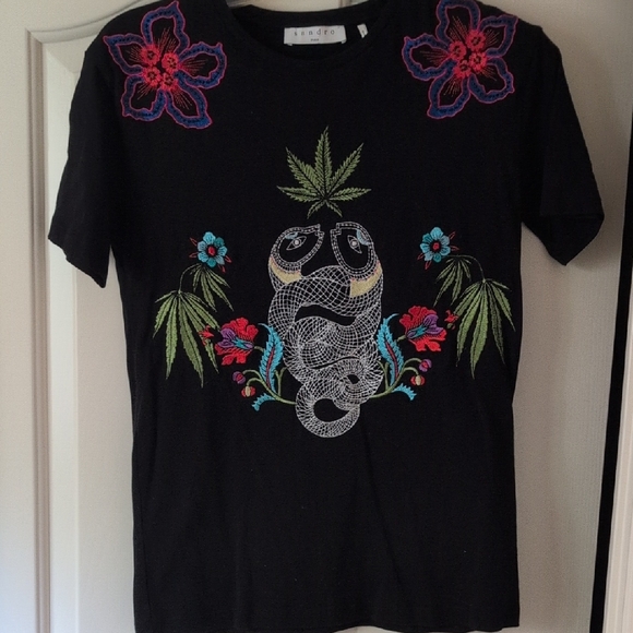 Sandro Tops - Sandro Black Tee with Colorful Embroidery